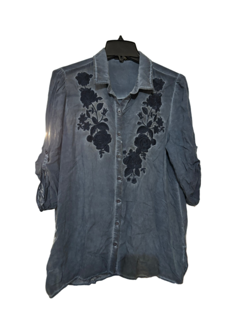 Women's Andree Button Down Shirt Medium Blue Black Floral Embroidered